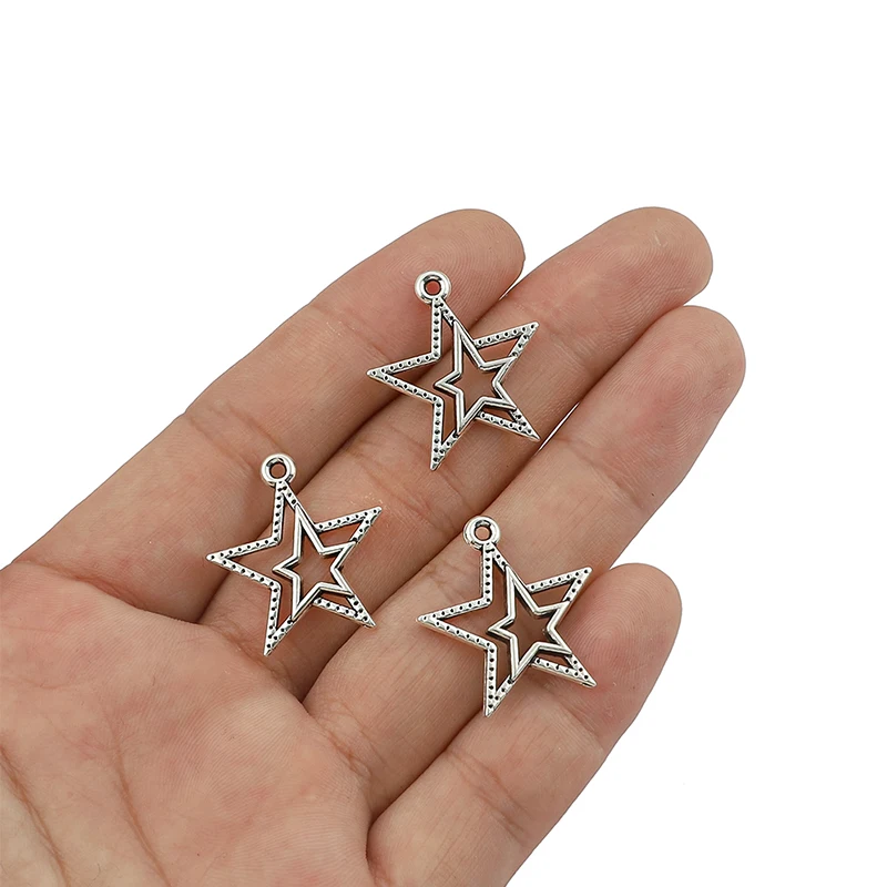 

10pcs/lot 21*22mm Antique Silver Color Double Five-pointed Star Charms Two Color Pendants Jewelry Making DIY Handmade Craft