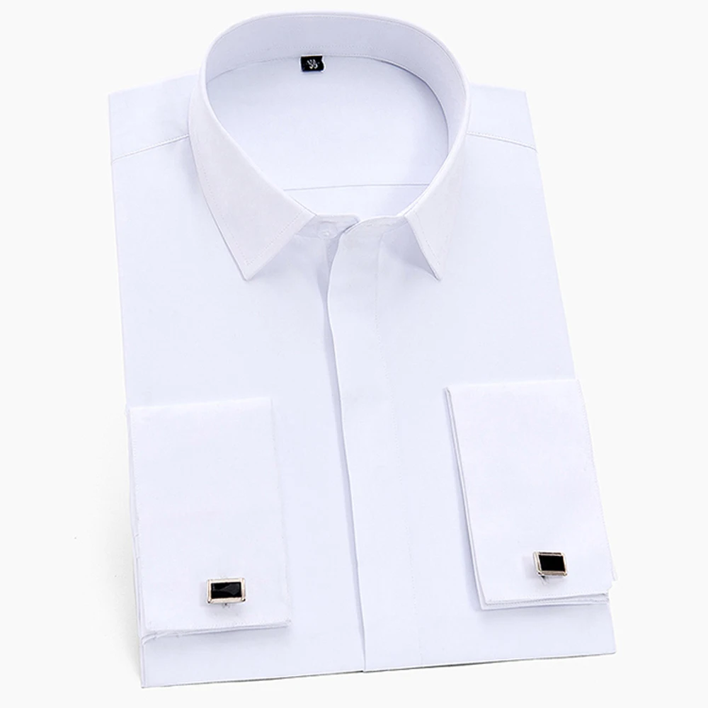 Herren klassische französische Manschetten festes Hemd Hemd vorne Knopfleiste formale Business Standard-Fit Langarm Büroarbeit weiße Hemden