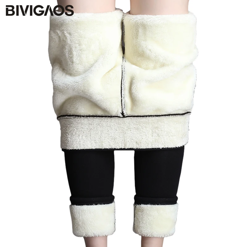 BIVIGAOS – Leggings chauds en cachemire pour femme, pantalon d\'hiver en velours épais, taille haute, étiquette à la mode, noir