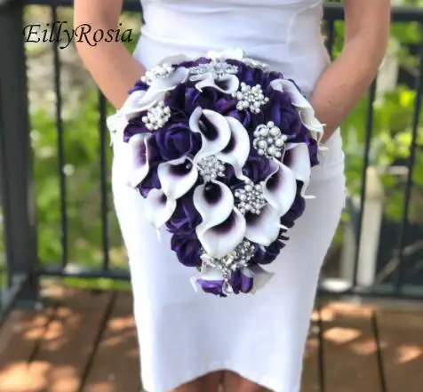 

EillyRosia Calla Lily Cascading Wedding Bouquet Purple Bride Pearls Brooch Bouquet Artificial Bride Hand Bouquet New Arrival