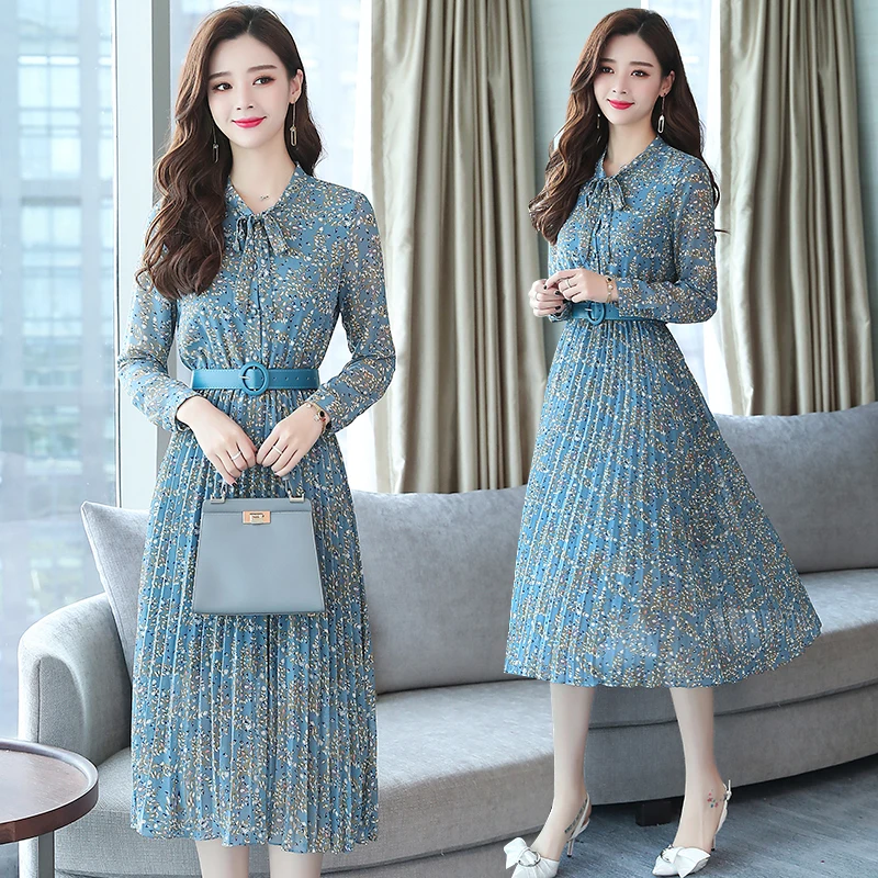 

2023 Women Summer Chiffon Vintage Floral Midi Dress Korean Version Long Style Elegant Fashion Lady Party Long Sleeve Vestido