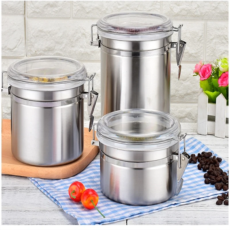 Stainless Steel Kitchen Storage Jars with Plastic Cover Buckle, Tea, Coffee, Food Container, Home, 4Pc Set