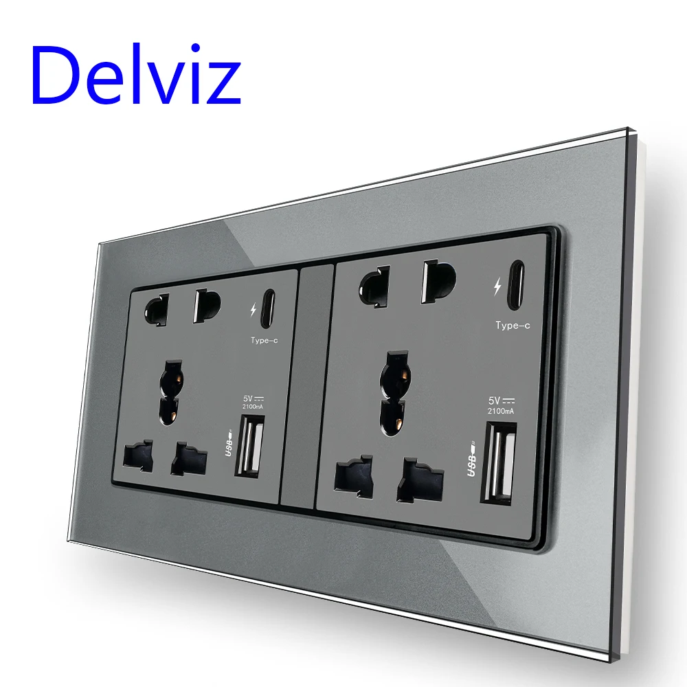 Delviz Type C Wall USB Socket, Crystal glass panel,2A USB Power port, Universal Dual Socket, 18W power Smart Quick Charge Outlet