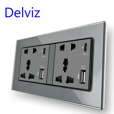 Delviz C타입 벽 USB 소켓, 크리스탈 유리 패널, 2A USB 전원 포트, 범용 듀얼 소켓, 18W 전원 스마트 급속 충전 콘센트