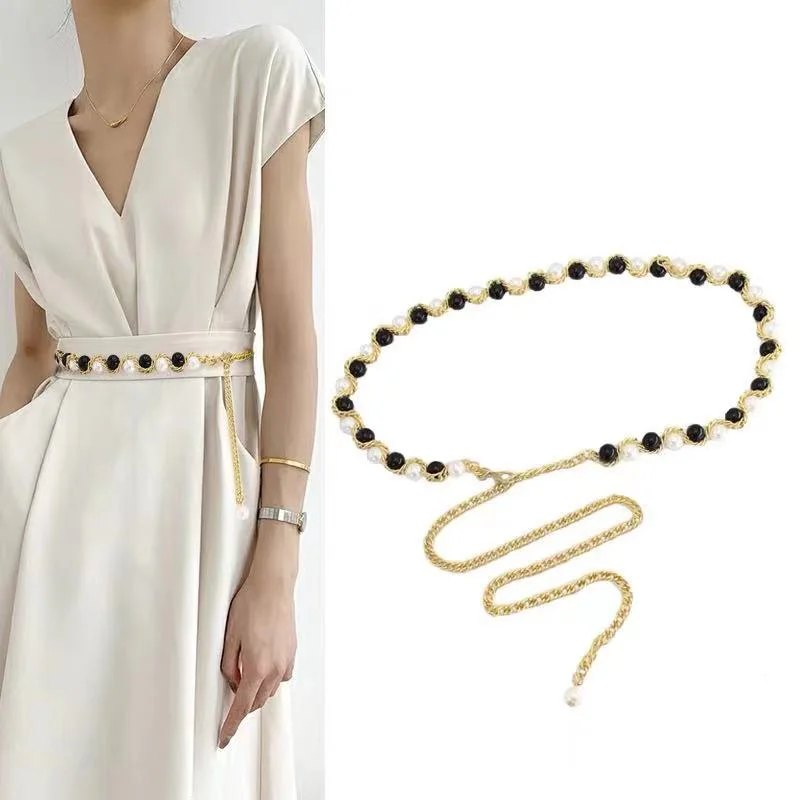 

Metal Thin Chain Fashion Women Belt Imitation Pearls Rose Flower Waist Cummerbunds All-Match Dress Chain Accessories Waistband