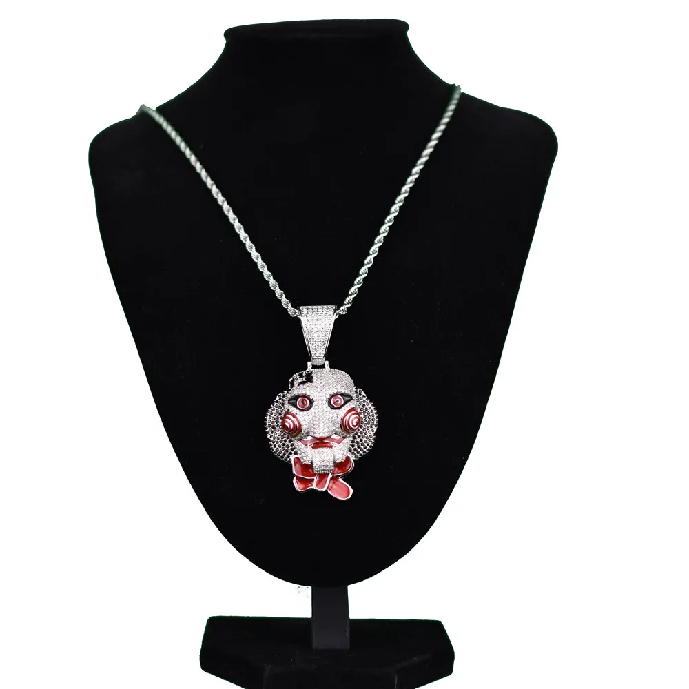 Hip Hop Iced Out AAA CZ  Chain Clown 69  Necklace & Pendant 3D Saw Billy Inspired Necklace with 4mm Tennis Chain