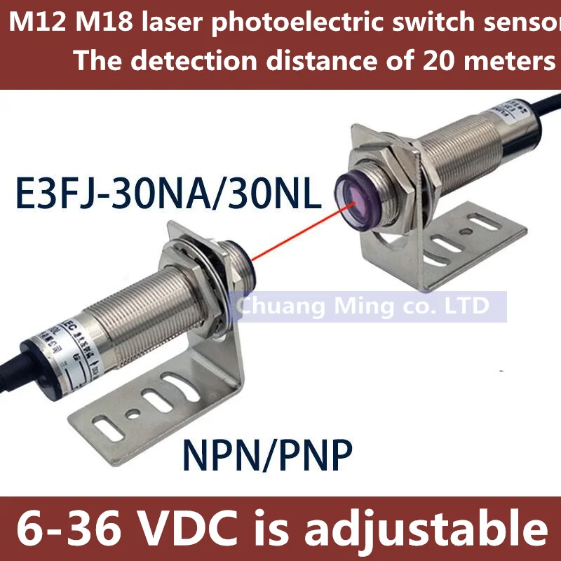 

M12 M18 Laser Visible Light Sensor Thru-beam Photoelectric Switch 20 Meters Adjustable 6-36VDC IP67 200mA NPN /PNP NO /NC