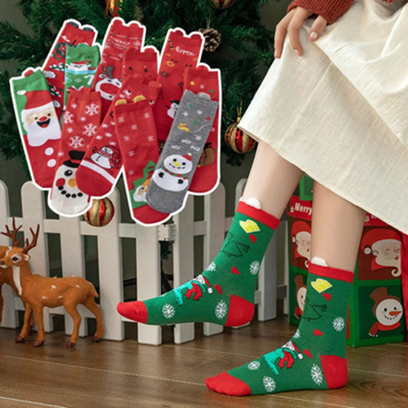 

2023 Autumn And Winter Christmas Socks Pure Cotton Cartoon Socks Ladies Red Holiday Elk Socks Halloween Socks 5 Pairs