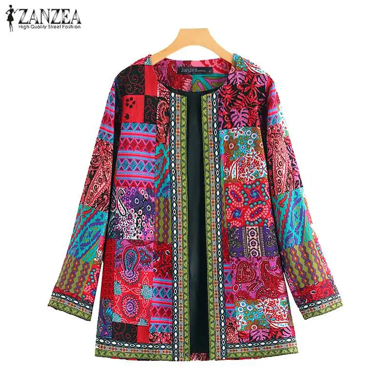 

ZANZEA Women's Ethnic Printed Cardigan Thin Coats Jackets Casual Long Sleeve Blusas Open Stich Overcoats Femme Clothing Poncho