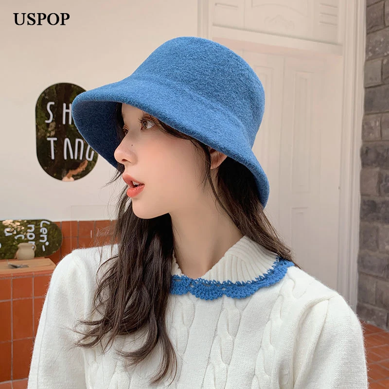 

USPOP New winter 100% Wool Hats Women Solid Color Bucket Hats Thick Warm Bucket Hat