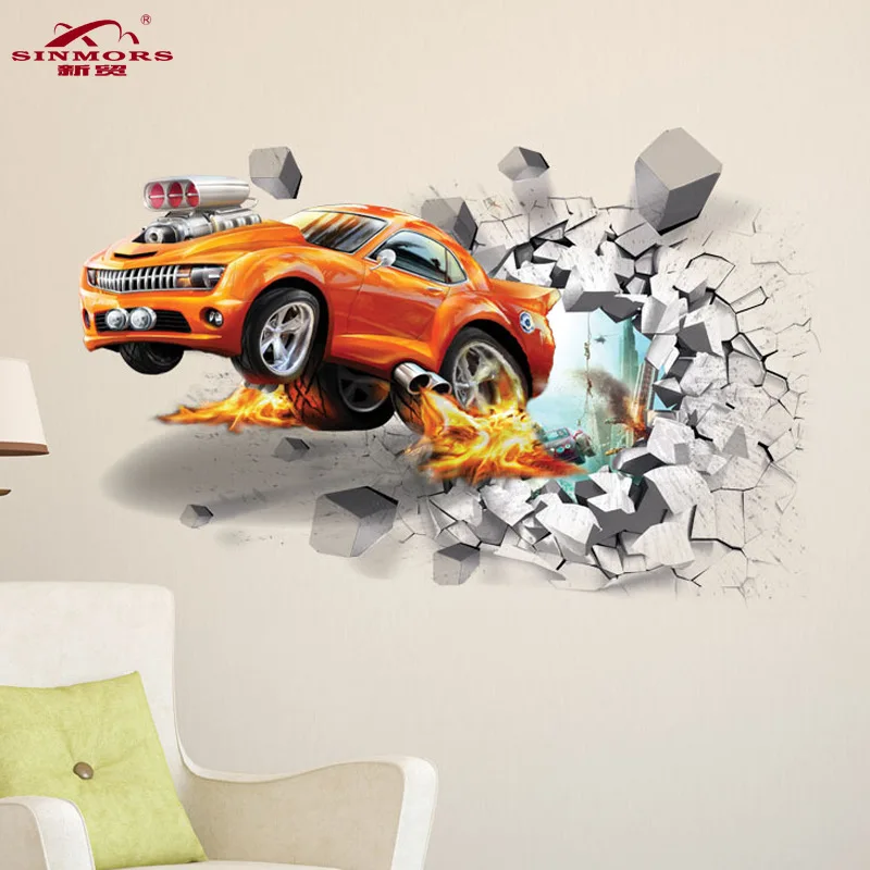 Cartoon 3D Hummers Super Off-road Vehicle Wall Stickers Broken Wall Poster Wall Art Car Decal Kids Room Decor Boys Favors