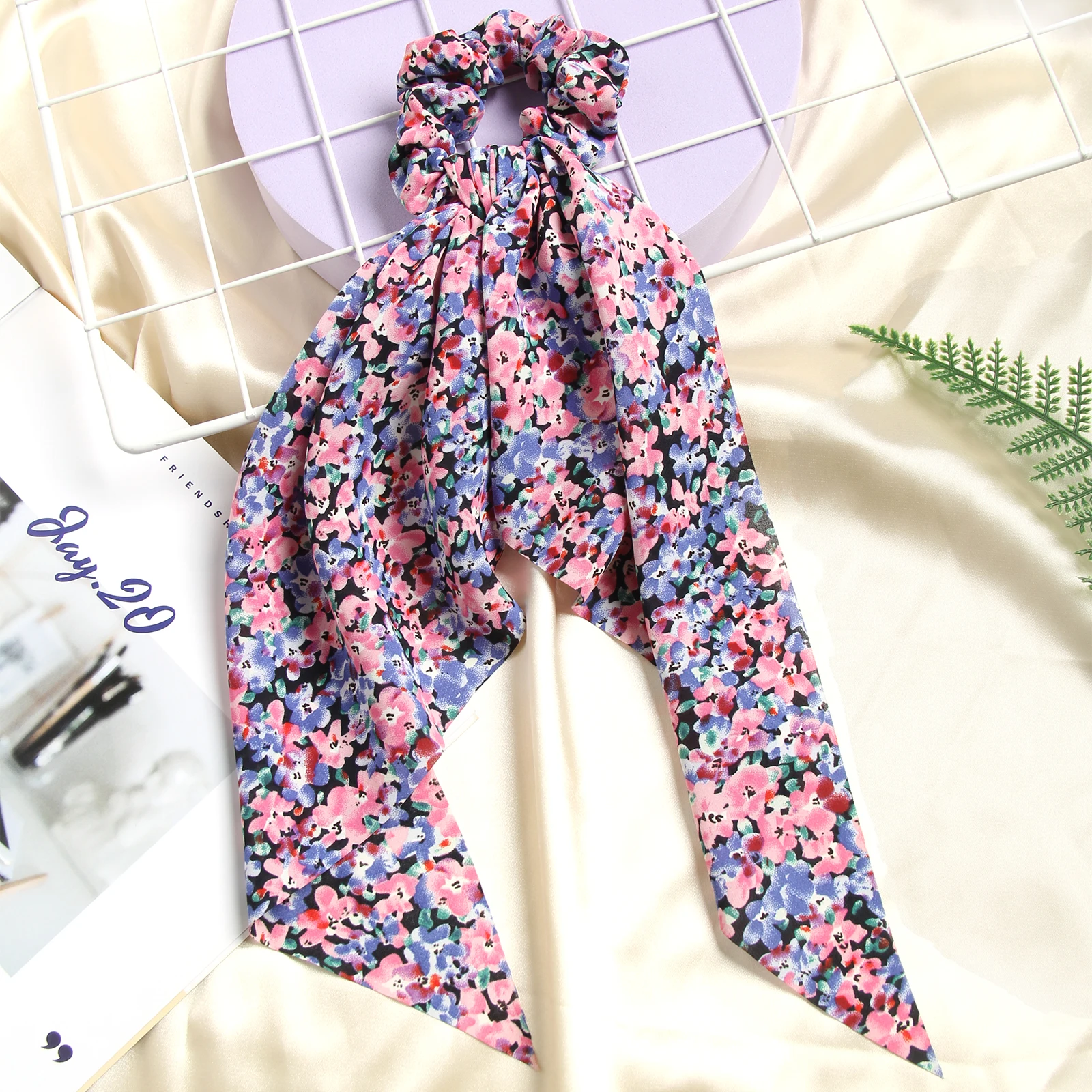 Fashion Floral Printing Bow Long Ribbon Ponytail Scarf Hair Tie Scrunchies Women Girls Elastic Hair Bands Hair Accessories