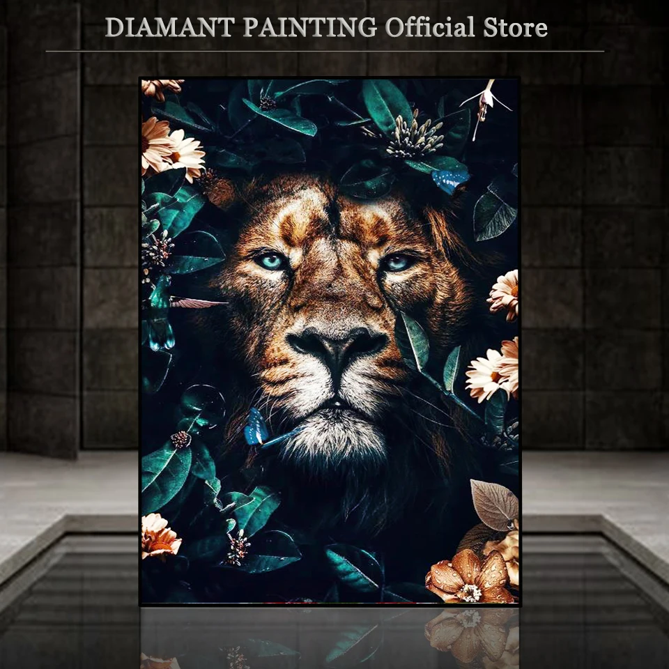 Full Square / Round Diamond Embroidery DIY Diamond Painting Cross Stitch Drill Tiger Lion Face & Flowers Picture of Rhinestones