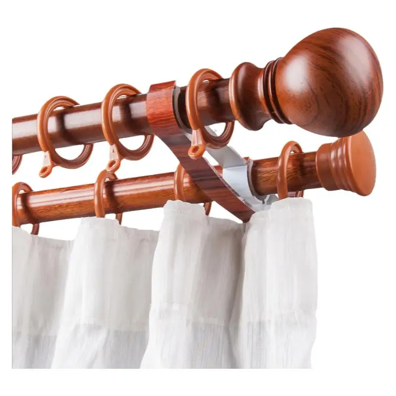 Round head Imitation wood curtain rod single rod double rod thickened mute top-mounted side-mounted full set of accessories