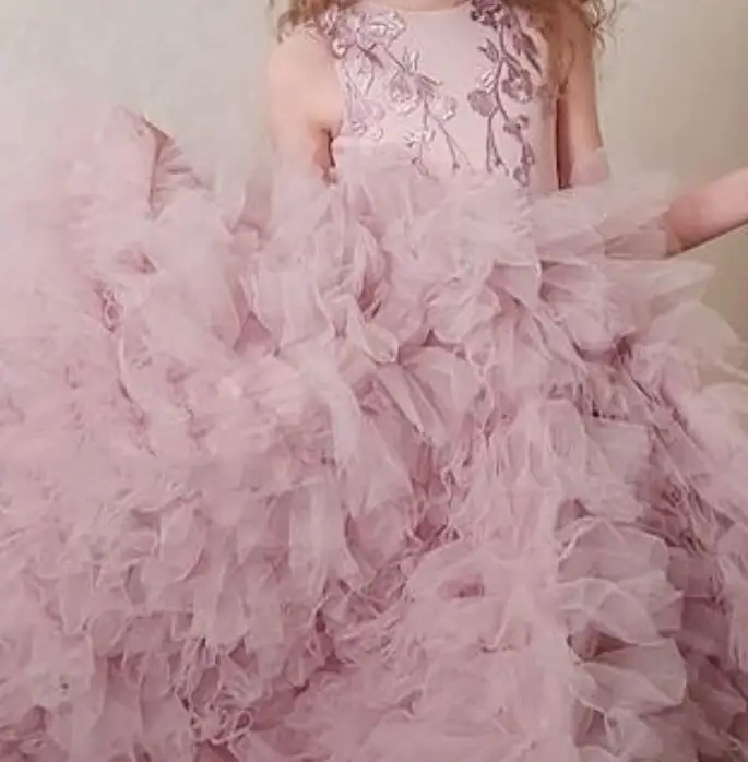 Vestidos de encaje Rosa rubor para niñas, faldas escalonadas, vestidos de boda para desfile de cumpleaños, 2021