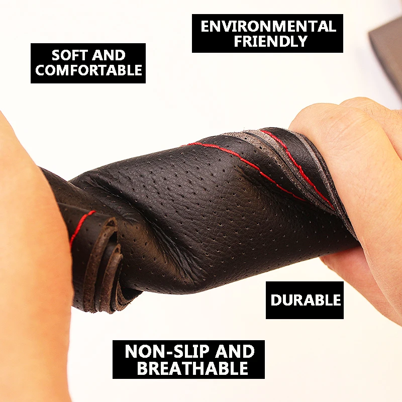 38cm Car Genuine Leather Steering Wheel Braid Cover Hand-stitched Soft Non-slip Auto Interior Accessories