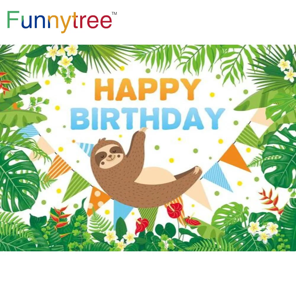 

Funnytree Sloth Happy Birthday Theme Party Backdrop Bunting Flowers Leaves Newborn Baby Shower Custom Poster Decoration Banner