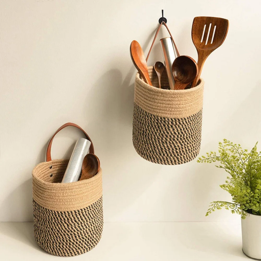 Wall Hanging Woven Jute Cotton Flower Basket Pot Planter Home Storage Baskets For Kitchen Tableware Bathroom Sundries Organizer