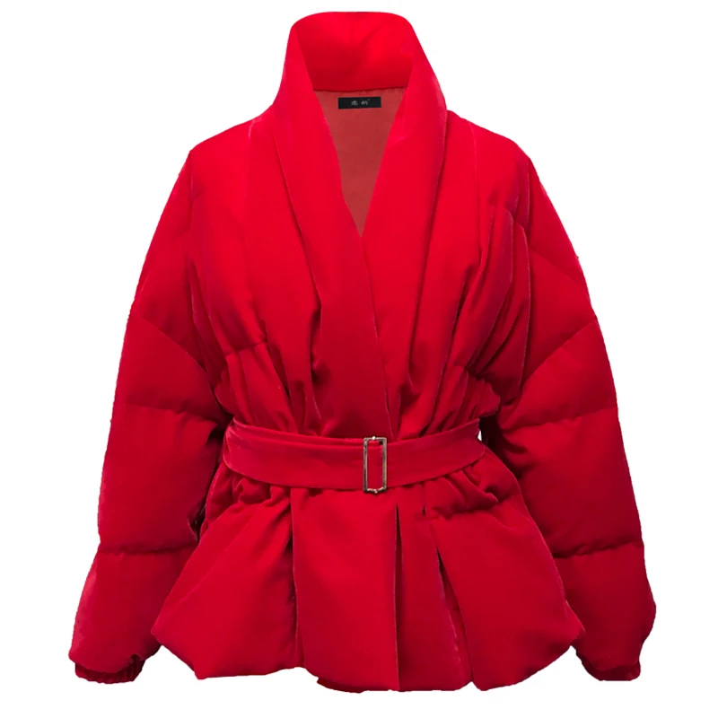 Women Winter Jacket V Neck Belted Warm Thick Cotton Padded Parkas Velvet Jacket Red Long Sleeve Short Casual Down Cotton Jacket