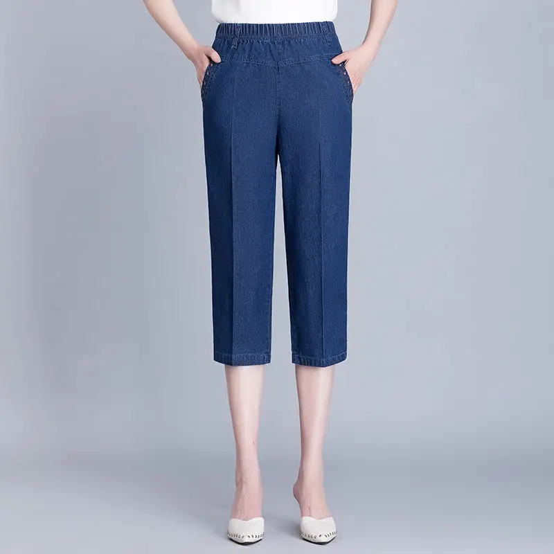 Jean taille haute pour femme, pantalon droit, bleu, longueur mollet, broderie, décontracté, collection 2021