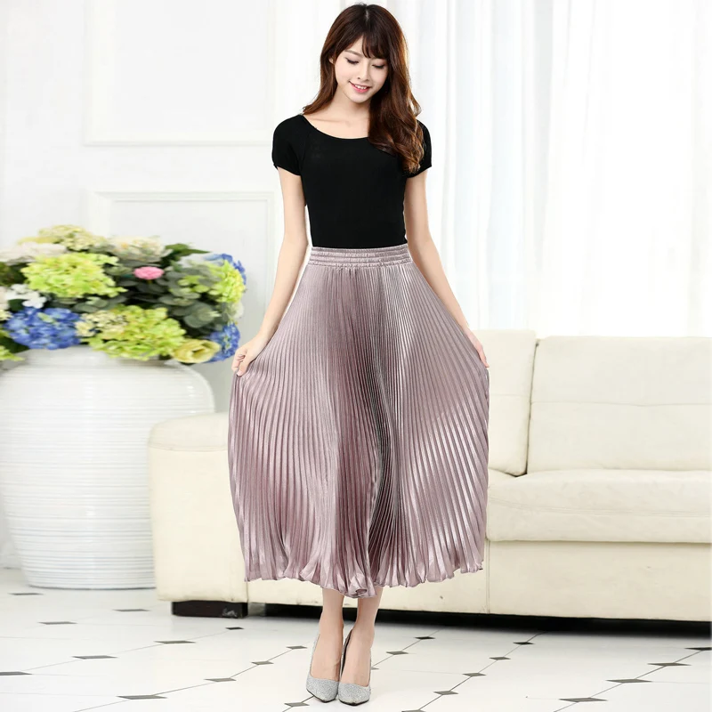 Women's Pleated Mermaid Skirt Female 2024 Spring Japan Style Casual High Waist Satin Midi Long Skirts Shiny Saias 17 Color SK501