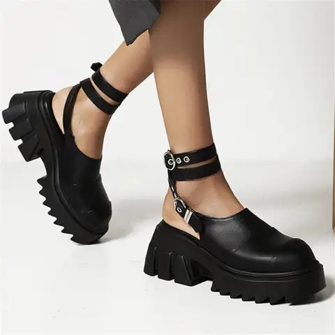 PXELENA Rome Cross tied Gladiator Shoes Women Punk Rock Gothic Combat Chunky Platform Thick Sole High Heels Pumps Plus Size 43