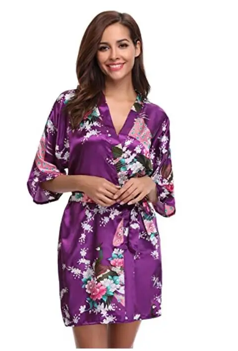 Silk Satin Wedding Bride Bridesmaid Robe Floral Bathrobe Short Kimono Robe Night Robe Bath Robe Fashion Dressing Gown For Women