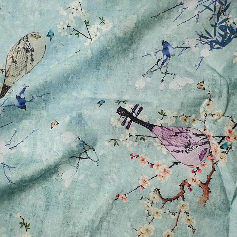 Beautiful Lt. Grey/Blue Musical Lute 100%Cotton Fabric Digital Print Plum Blossom/Bird Print DIY Sewing Children Clothing Dress