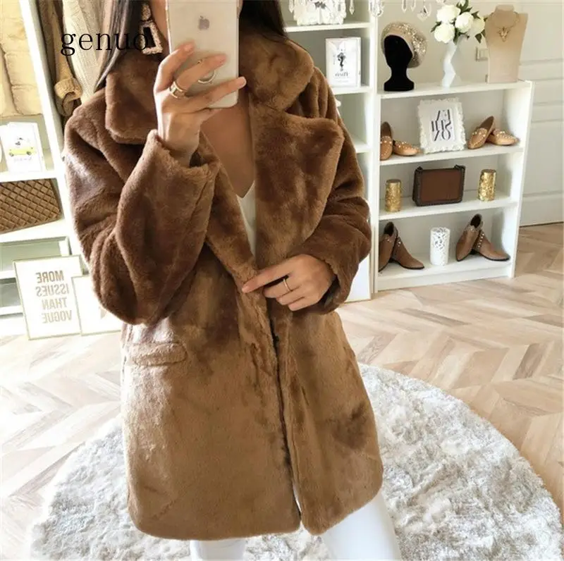 Frauen Fluffy Warme Pelz Mantel Lange Hülse Drehen Unten Kragen Dick Herbst Chic Faux Pelz Soild Winter Mantel