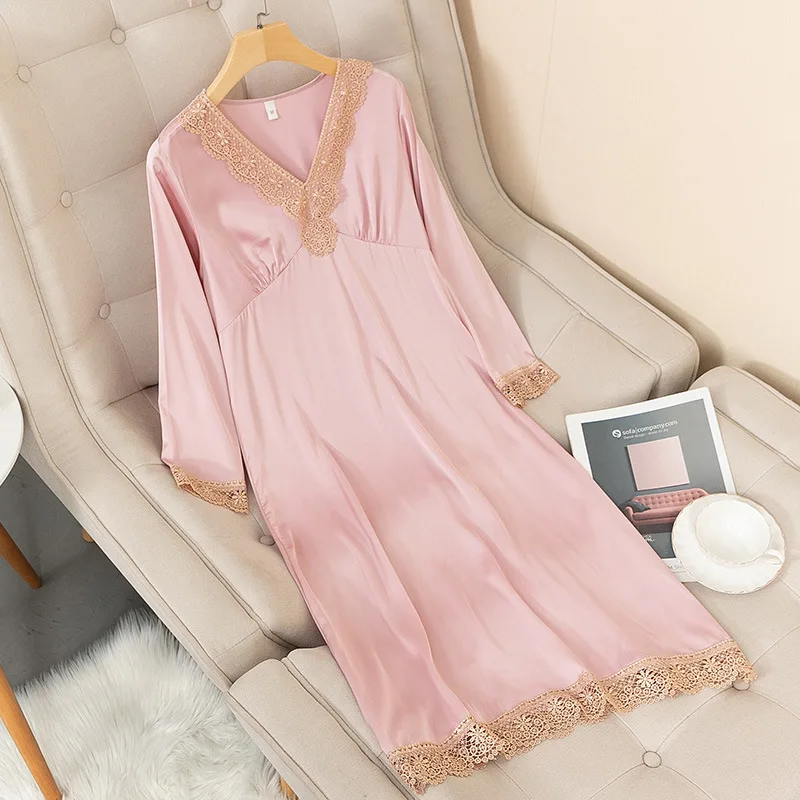 Spring New Satin Long Nightdress Women Sleepwear Lace Nightwear Silky Sleep Dress Home Dressing Gown Soft Intimate Lingerie