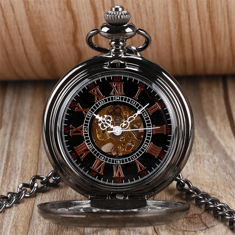 Rose Gold/Black Pumpkin Flower Hollow Mechanical Pocket Watch Roman Numerals Display Luxury Pendant Pocket Clock Gift with Chain