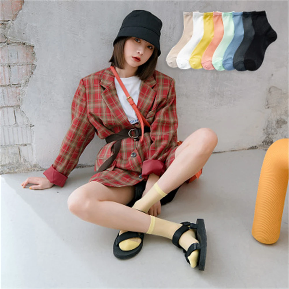 Summer Thin Mesh Korea Candy Color medium-length ultra-thin College Wind female stockings HY003