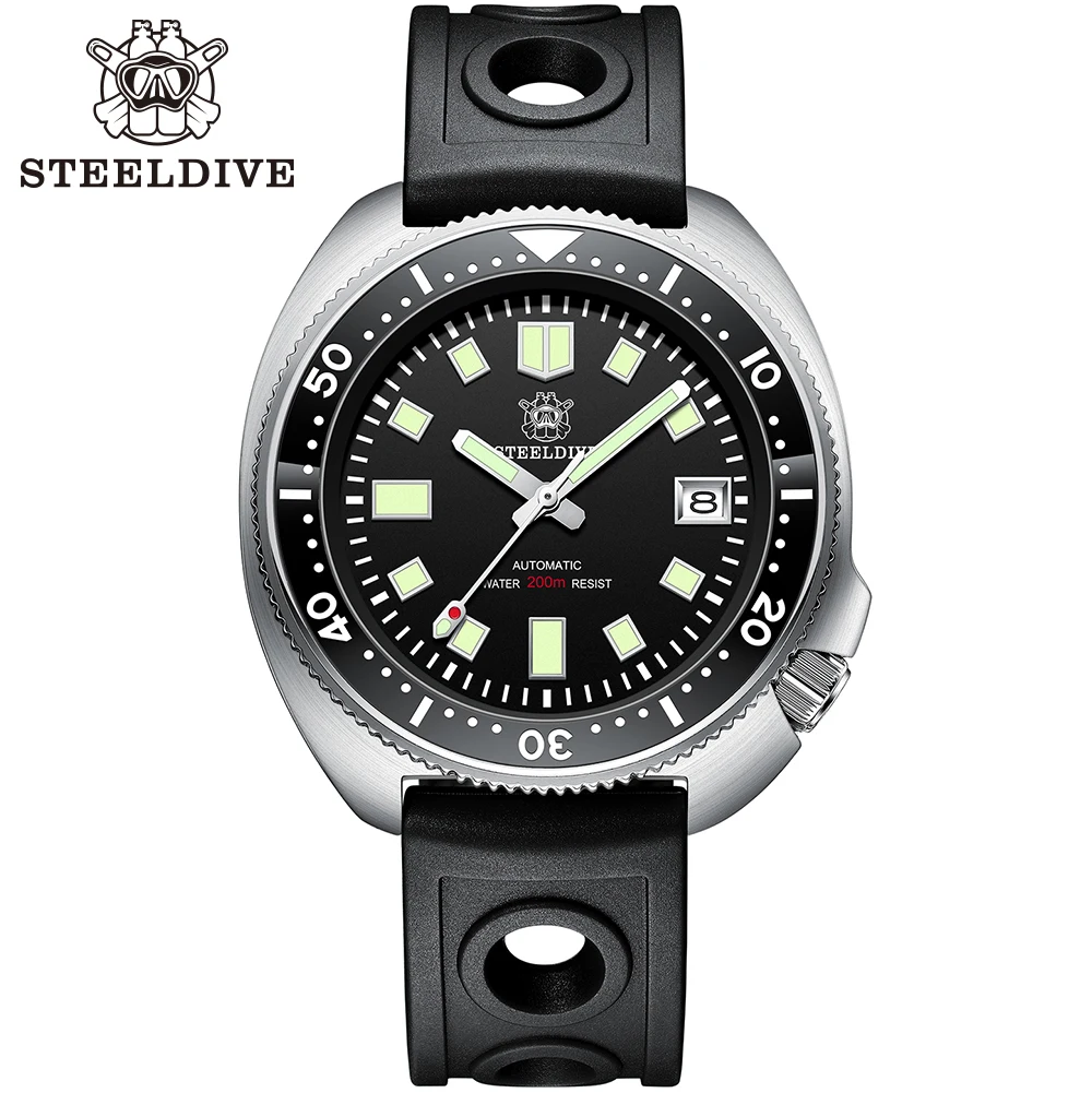 Steeldive-メンズステンレススチールウォッチ、sd1970、ブラックダイヤル、自動メカニカルダイブウォッチ、44mm、nh35