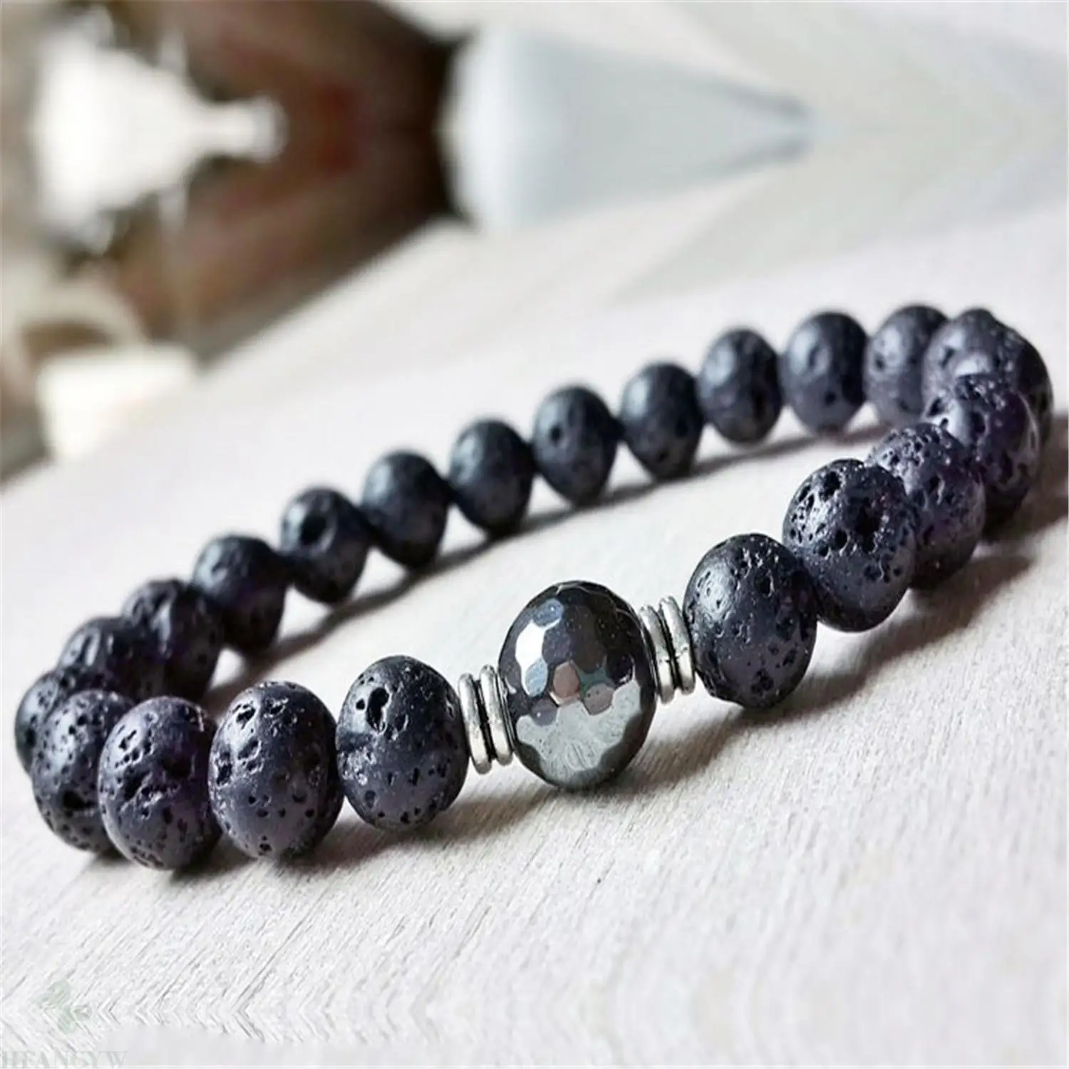 

8mm Natural Lava stone Handmade Mala Bracelet Yoga Spirituality Buddhism Ruyi Stretchy Chakas Healing Meditation Prayer Men