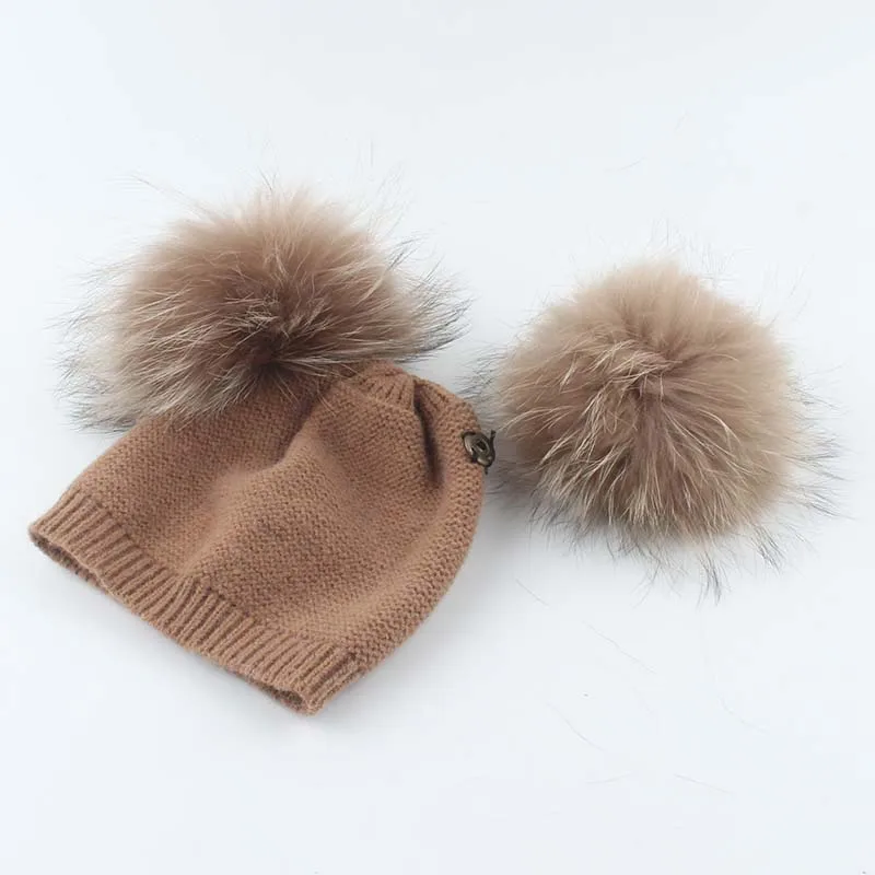 Winter Wool Hat For Kids Baby Double Pompones Skullies Beanies Real Fur Pompom Hat Boy Girls Warm Knitted Beanie Cap