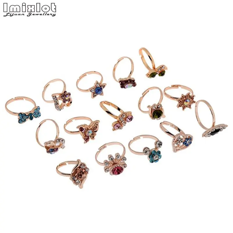 10Pcs Mixed Style Bow Flower Shape Jewelry Lots Colorful Crystal Rhinestone Kid Children Rings for Women Girls