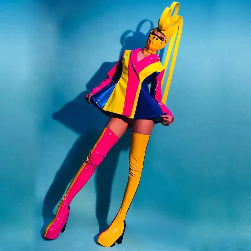 Women Masked Singer Stage Costume Colorful Striped PU Leather Bikini Jacket Leggings Mask Headgear Set Nightclub Dancer Clothes