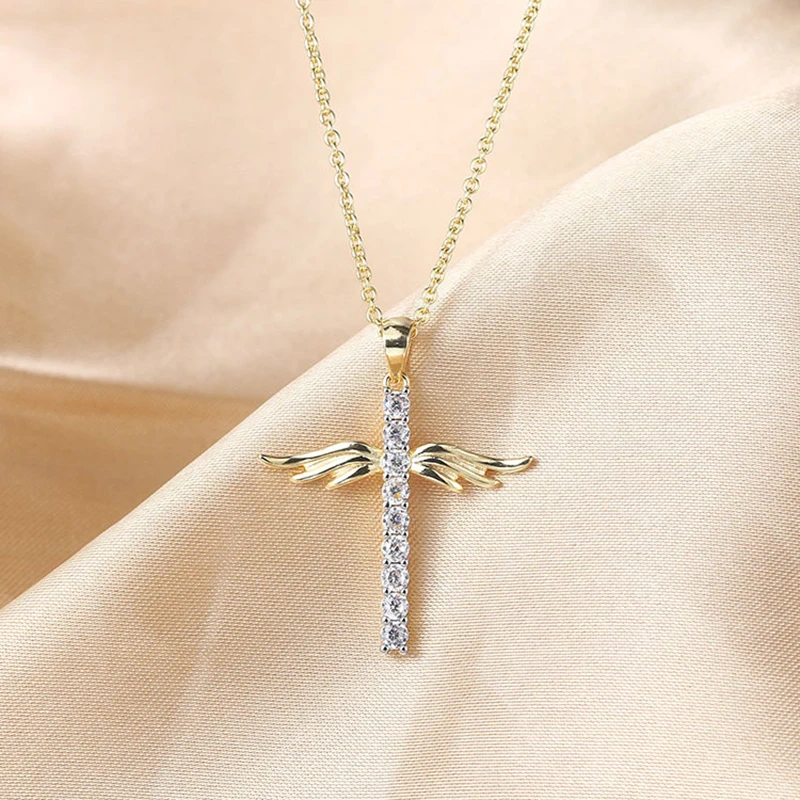 JUWANG Hot Sale Angle Wing Cross Christian Prayer Necklace Unisex Copper Plated Gold Zircon Collares Choker Accessories