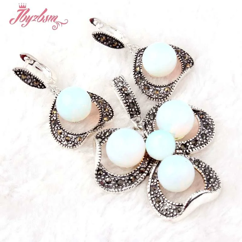 8/10mm Round White Opal Gem Stone Beads Tibetan Silver Fashion Pendant Earrings,Earring 19x25mm/Pendant 35x45mm Free Shipping