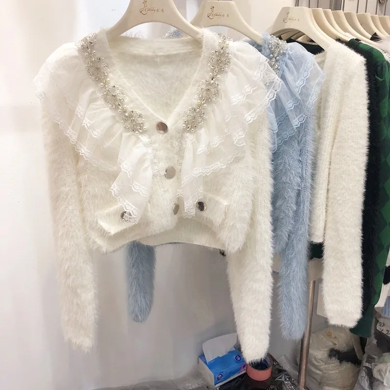 JSXDHK Fashion Luxury Ruffles Patchwork Mohair Cardigan Women Fall Winter Soft Beaded Diamonds Blue Knitted Short Sweater Jacket