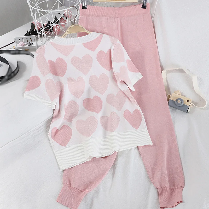 2021 New Women's Knitting 2 Piece Set Love Heart Shaped Beaded Short Sleeve O-Neck Tops + Bow Lace-Up Long Pants Suit