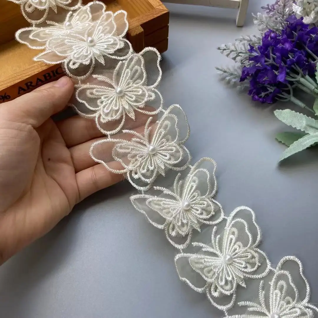 

1 Yard Ivory Mesh Pearl Double Layer Bowknot Embroidered Lace Trim Ribbon Patches Applique Fabric Wedding Dress Sewing Supplies