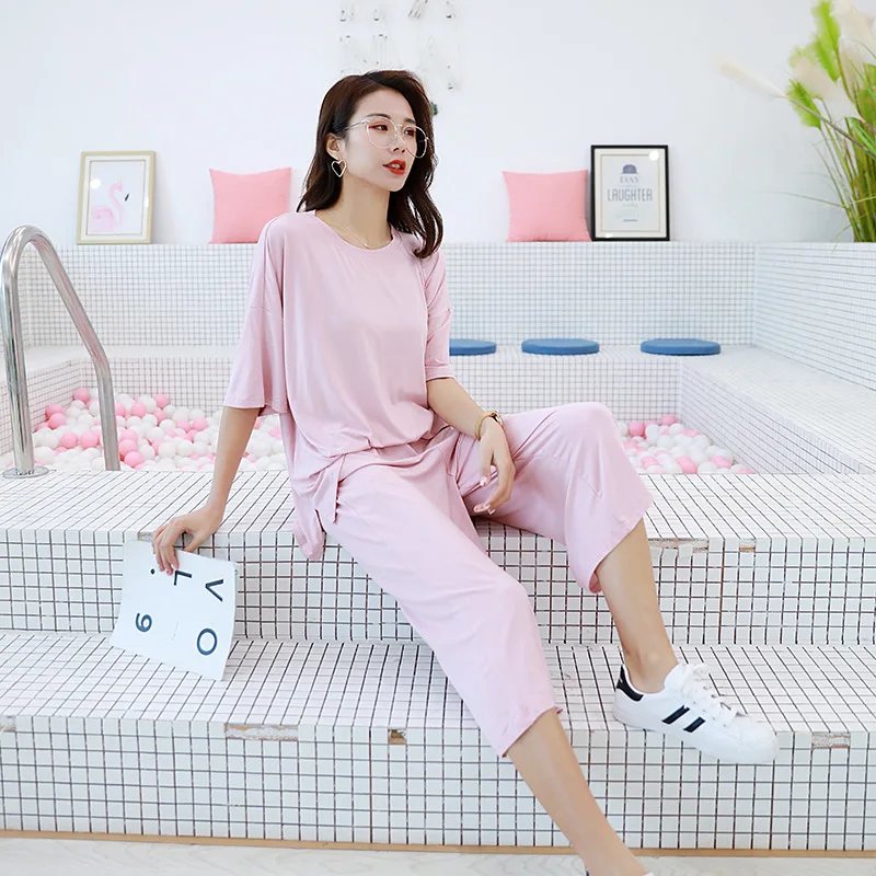 Summer female modal cotton pajamas suit short-sleeve shorts loose large size pajamas wide-leg pants home service women\'s pajamas