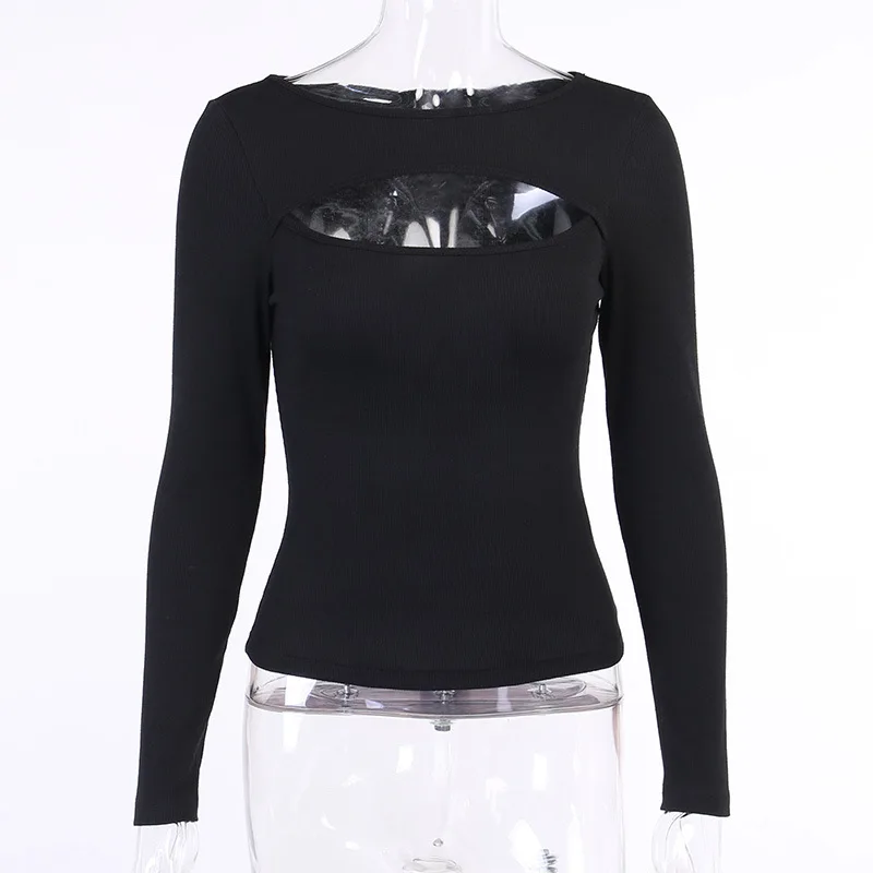 Autumn Women T-Shirt Hollow Out Solid Black White Long Sleeve Knitted Tee Tops Casual Slim O Neck 2024 Fashion T Shirt
