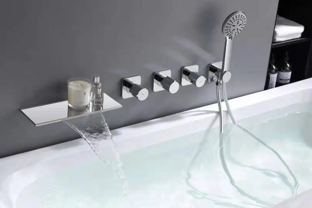 

Luxury wall mounted Chrome all brass bathroom Bathtub shower faucet set Multi-function waterfall shower faucet with Embedded box