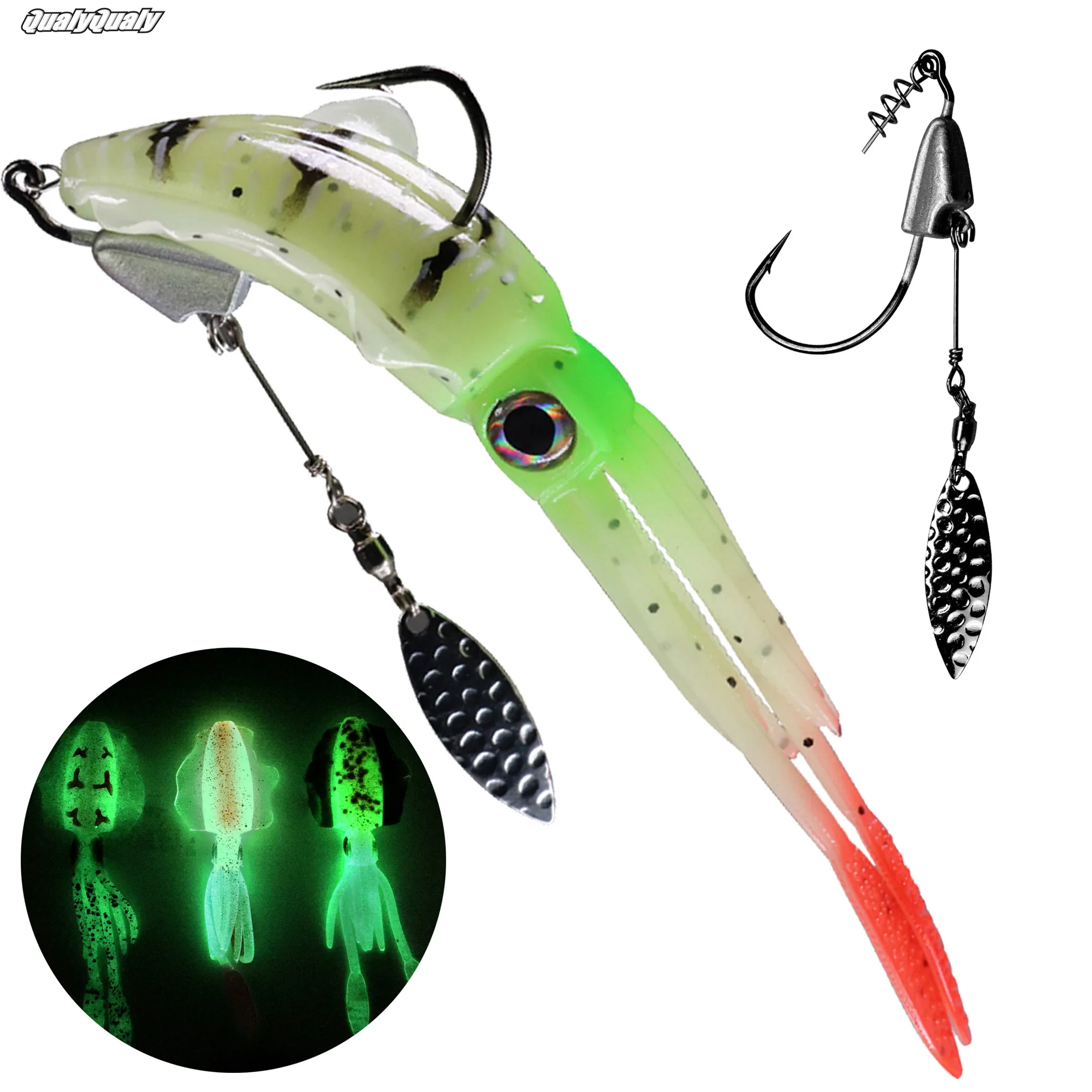 

1pcs Octopus Soft Lure 15.7cm Luminous Squid Fishing Lures Jig Head Hook Saltwater Artificial Fishing Baits 29g Glow Soft Worms