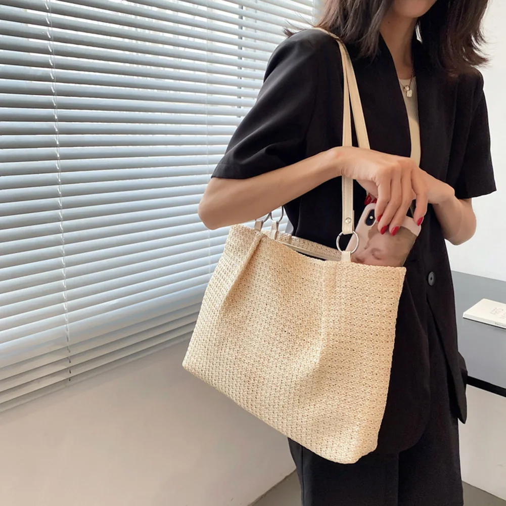 Large Capacity Summer Casual Beach Vacation Women Shoulder Bags Fashion Straw Woven Simple Solid Ladies Shopping Handbags Totes