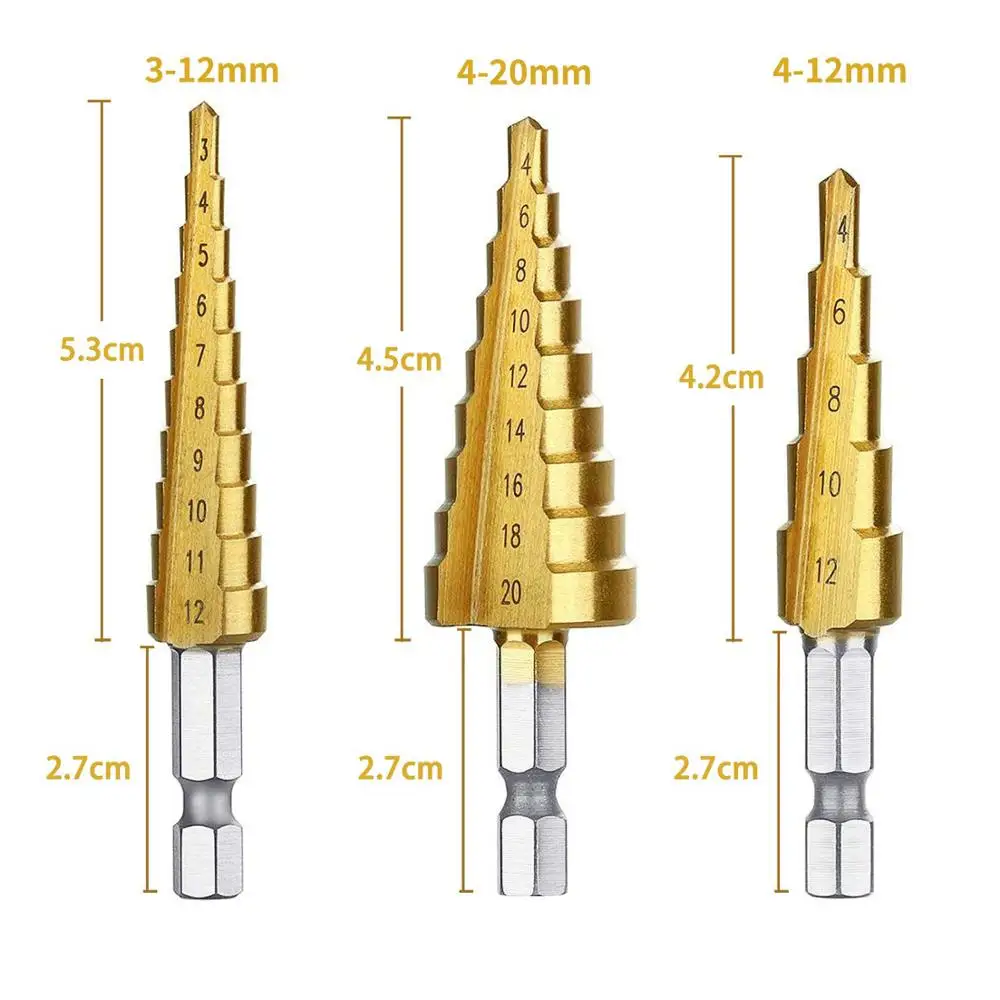 3Pcs titanium-plate High-Speed Steel Step Drill Bit Set Drill Bits Set for Sheet Metal Hole Drilling 4-12mm 4-20mm 4-32mm 3-12mm