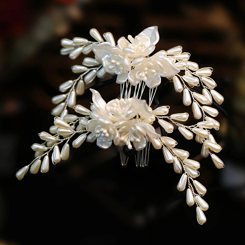 2pcs Bride New Korean Pearl Flower Comb Curling Small Beautiful and Versatile Wedding Hair Comb Accessories