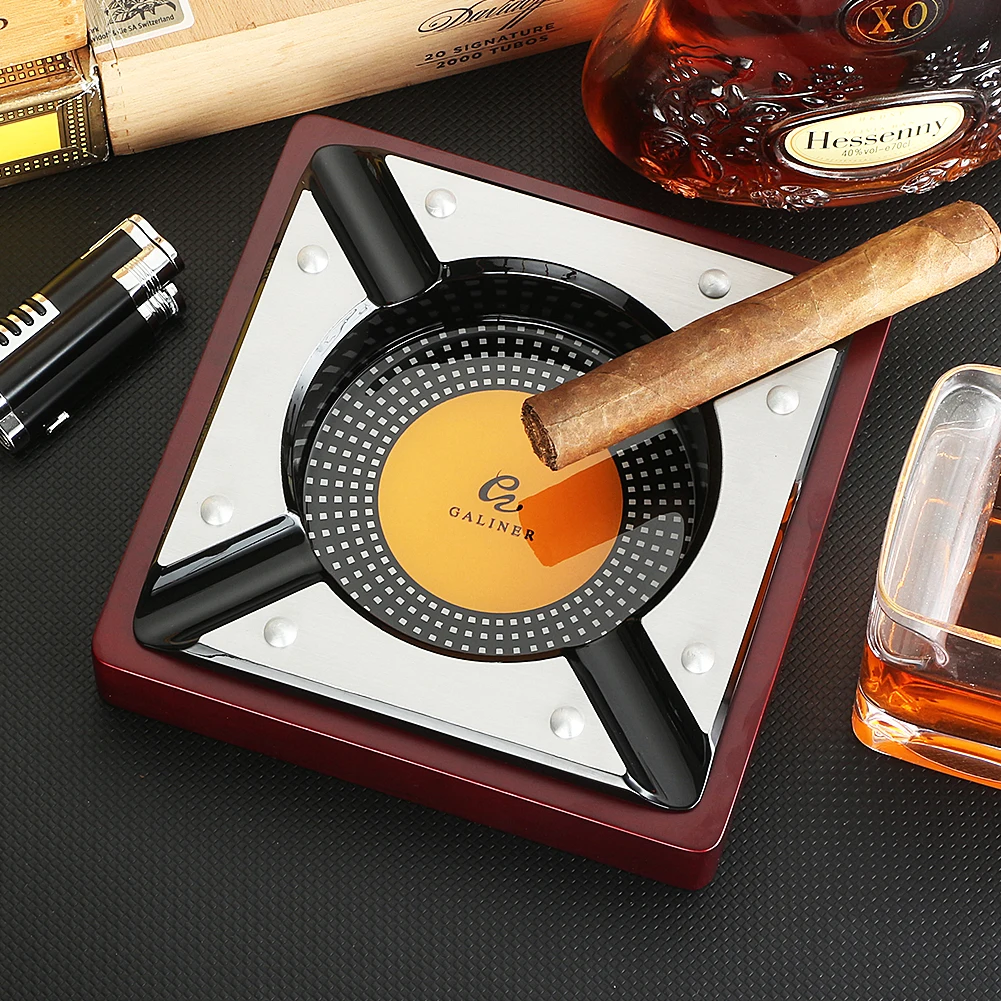 

GALINER Red Wood Luxury Cigar Ashtray Home Cigar Holder Metal Tobacco Rest Fit 4 Cigars Smoking Accessories